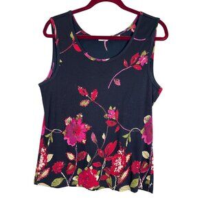 Top Women M Black Tank Floral Sequin Classic Preppy Mature Tropical Resort 80s